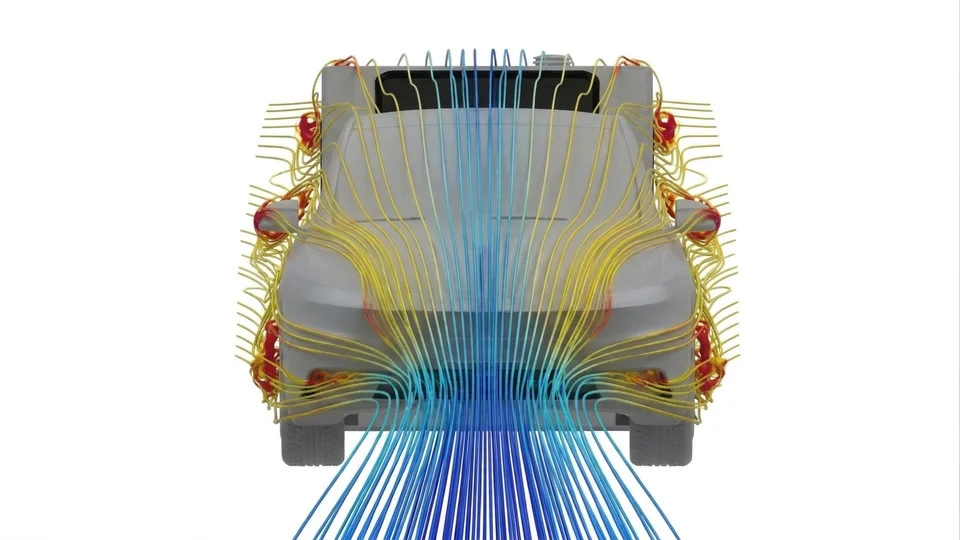 CFD simulation from the front: streamlines flow around the Tesla Model Y and the Glide, the trailer barely extends beyond the car silhouette